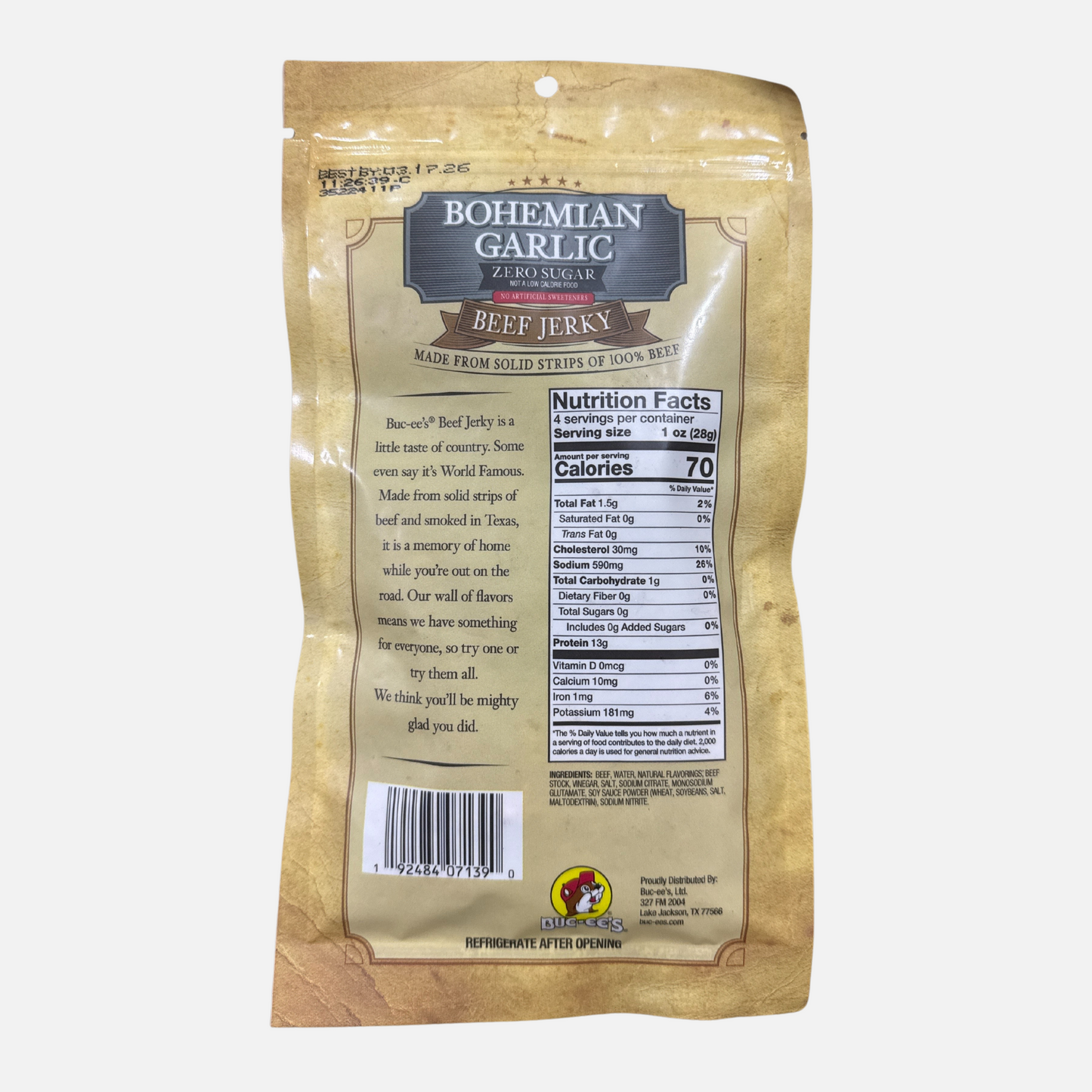 Buc-ee's Bohemian Garlic Beef Jerky (Zero Sugar)