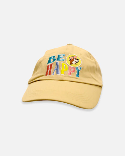 Buc-ee's Khaki Adjustable Cap with text "Be Happy" on different colors, beaver icon vibrant designs