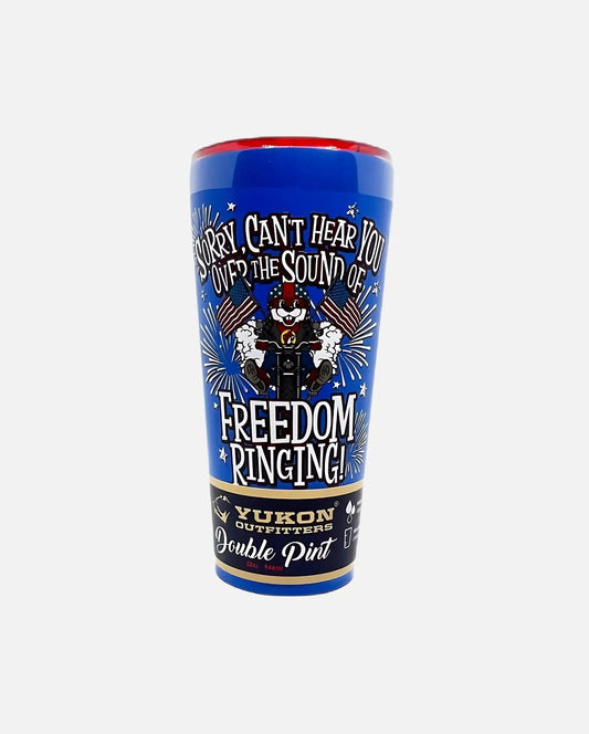 Buc-ee's 4th of July Yukon Outfitters Blue Tumbler with text "Sorry, Can't Hear You Over the Sound of Freedom Ringing!" 32oz