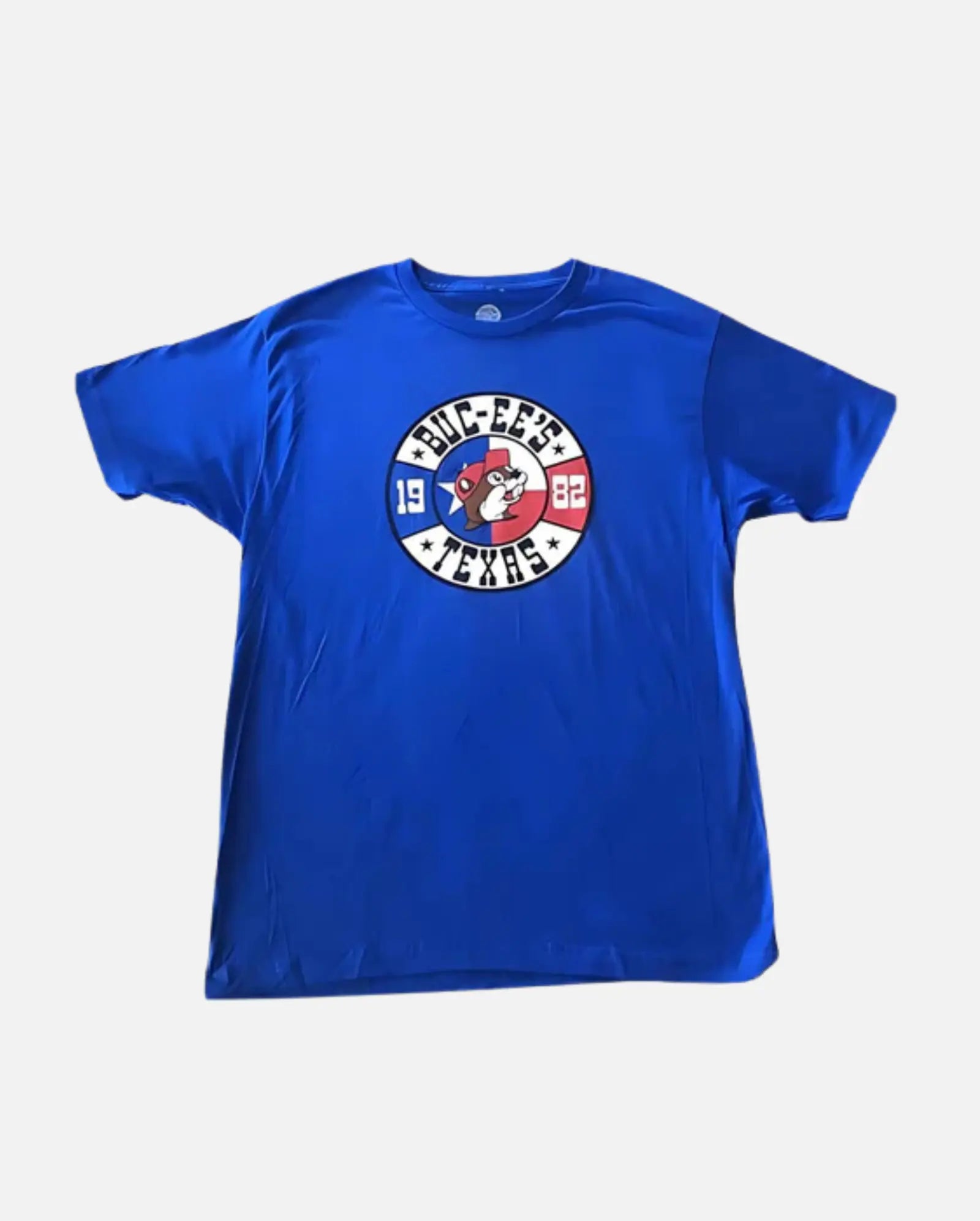 Buc-ee's Royal Blue Shirt with text "Buc-ee's 1982 Texas" beaver on Texas flag design