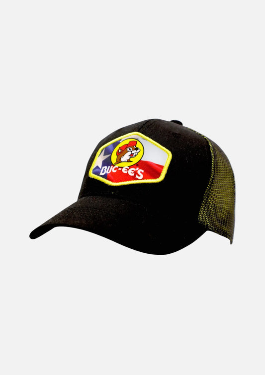 Buc-ee's Black Snapback Trucker Hat with beaver logo on Texas Flag design