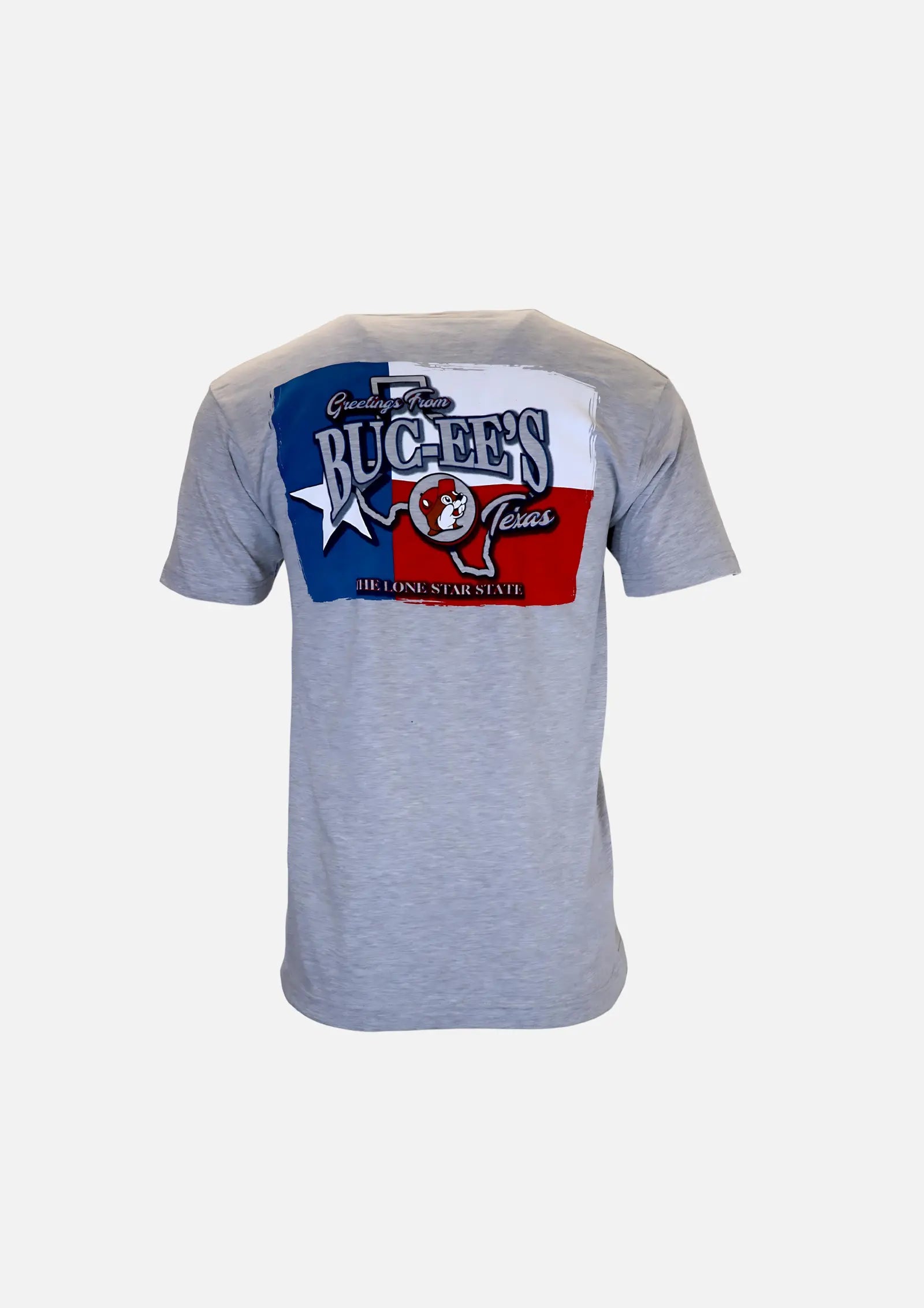 Buc-ee's Gray Shirt with text "Greetings From Buc-ee's Texas, The Lone Star State" and beaver on Texas flag design