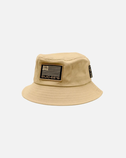 Buc-ee's Khaki Flag Bucket Hat, beaver on flag with text "Buc-ee's"