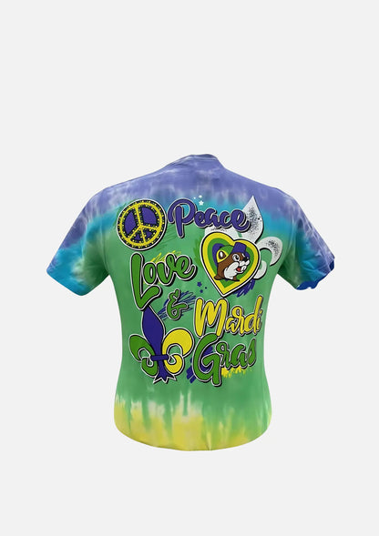 Buc-ee's Multicolored Mardi Gras Shirt with text "Peace, Love & Mardi Gras" festive design