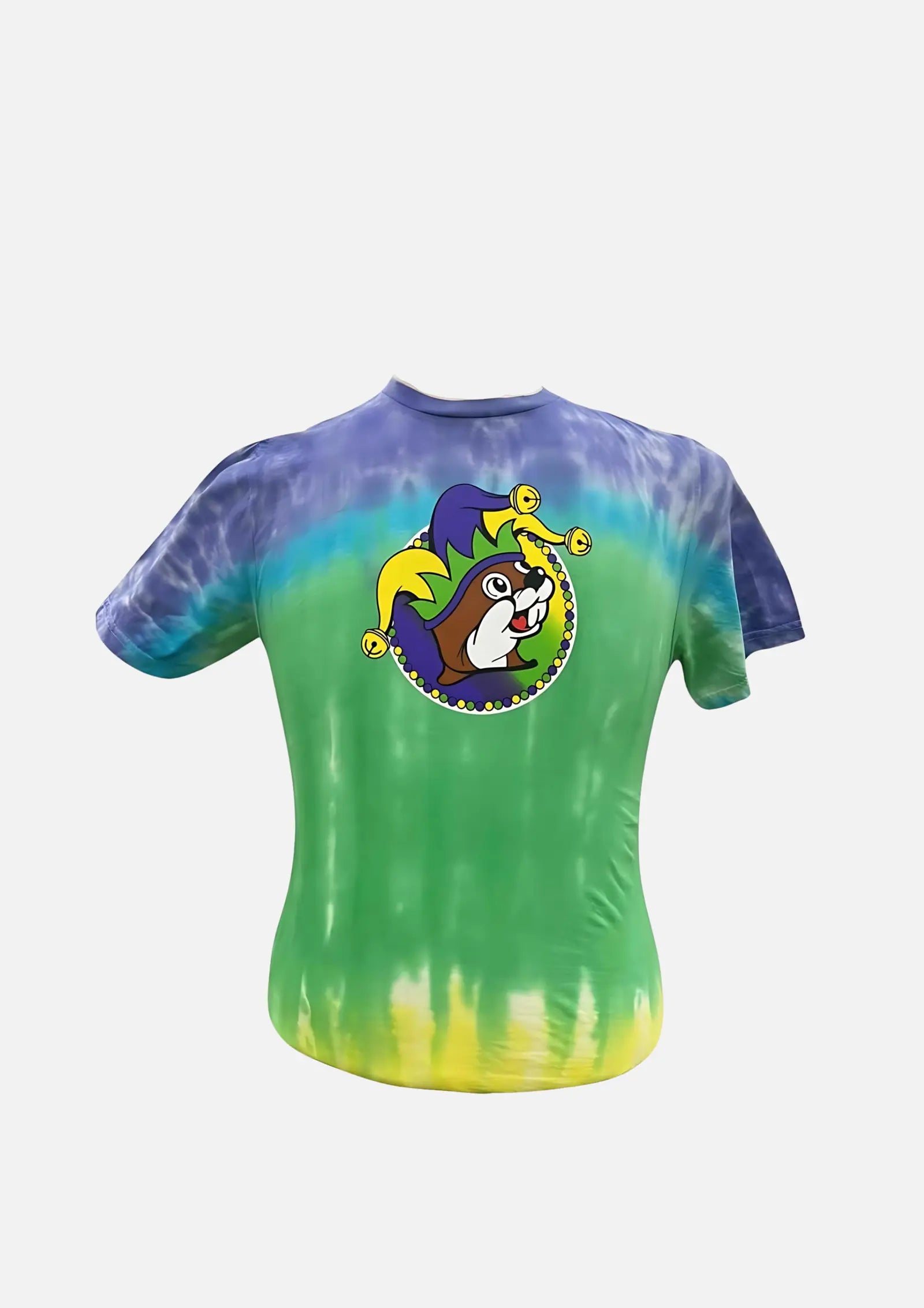 Buc-ee's Multicolored Mardi Gras Shirt, beaver wearing jester hat design