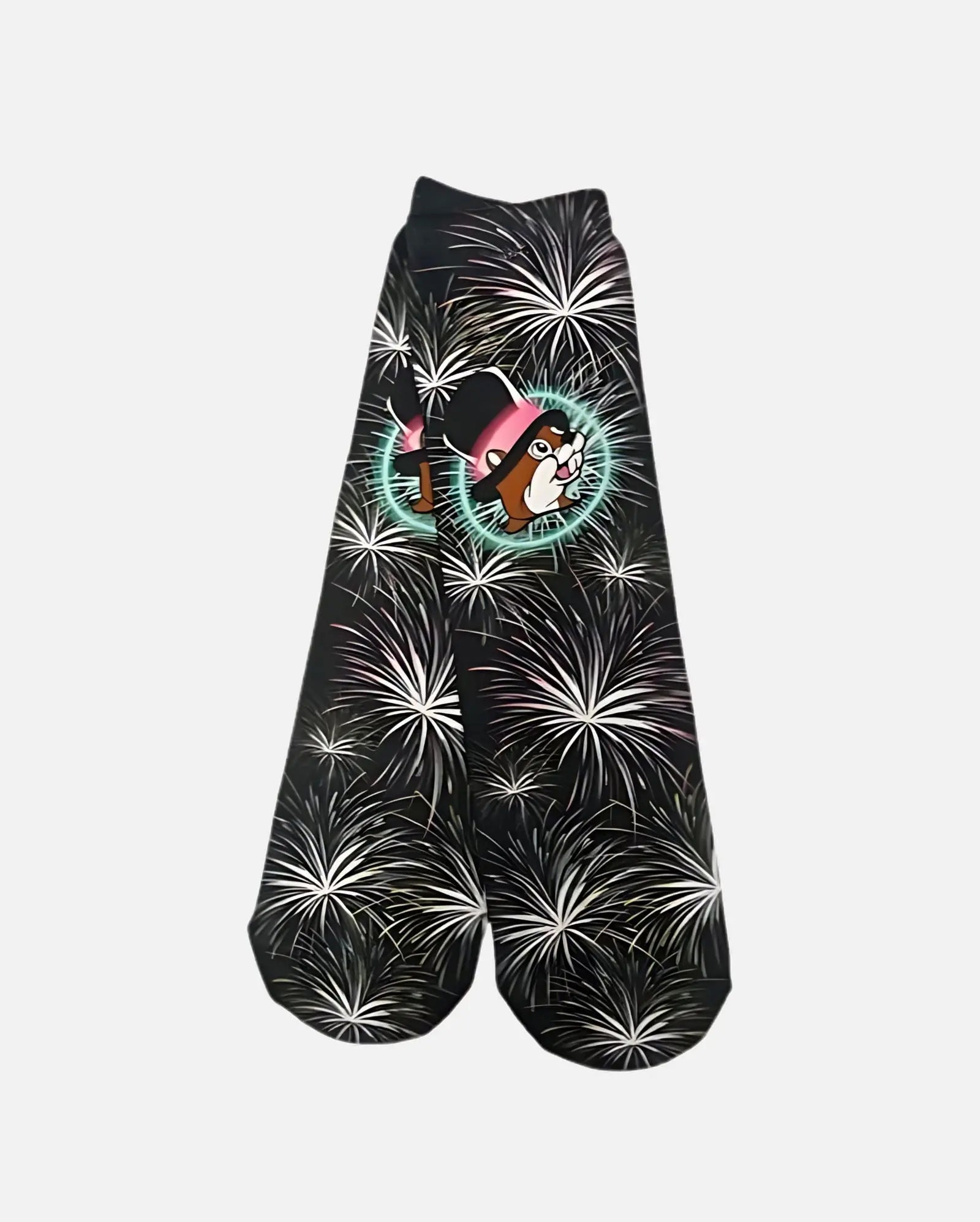 Buc-ee's Pair of New Year's Eve Fireworks design Crew Socks