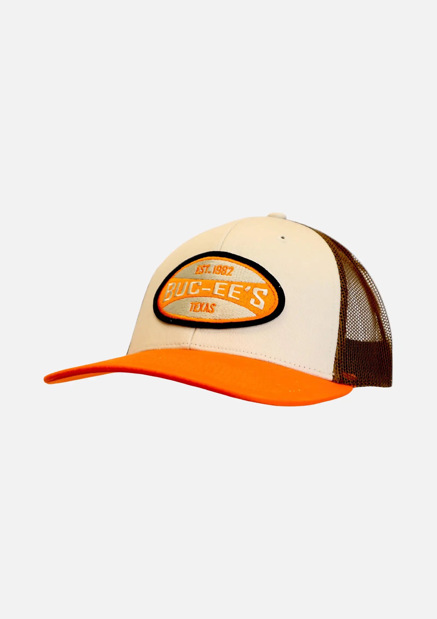 Buc-ee's Orange and Cream Snapback Trucker Hat with embroidered design and text "EST. 1982 BUC-EE'S TEXAS"