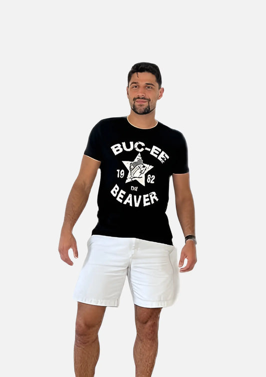 Model wearing Buc-ee's Black Original Shirt with text "Buc-ee 1982 Beaver"