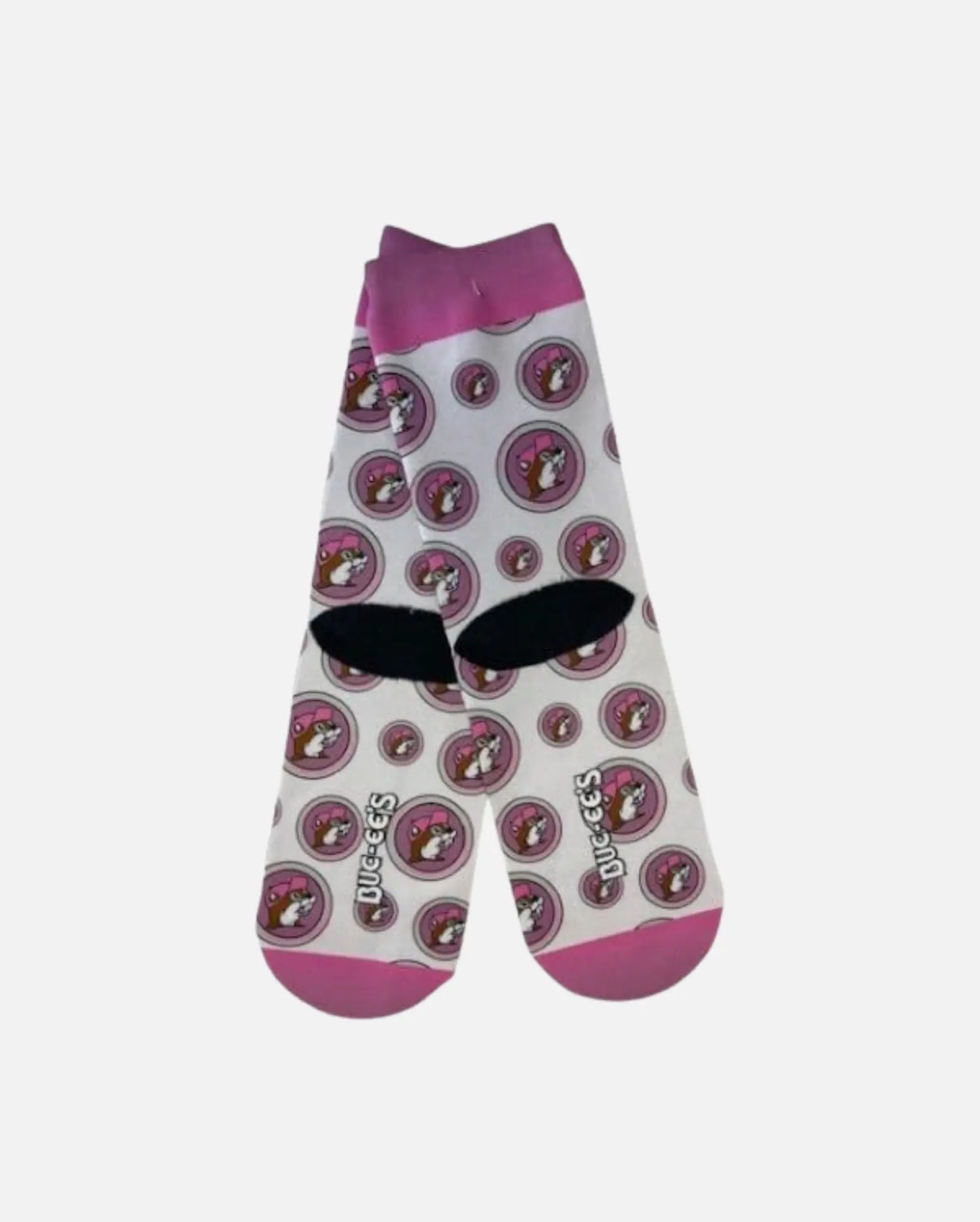 Buc-ee's Pair of Pink and White Crew Socks, beaver logo with grippers