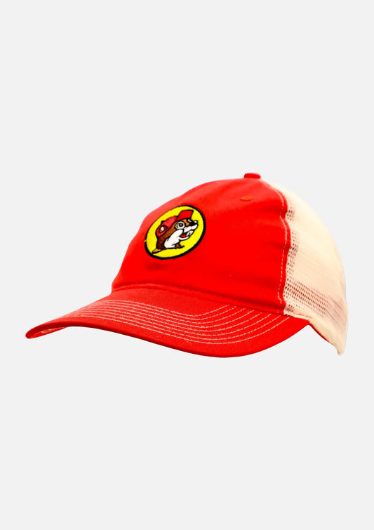 Buc-ee's Red and Gold Snapback Trucker Hat, embroidered beaver logo