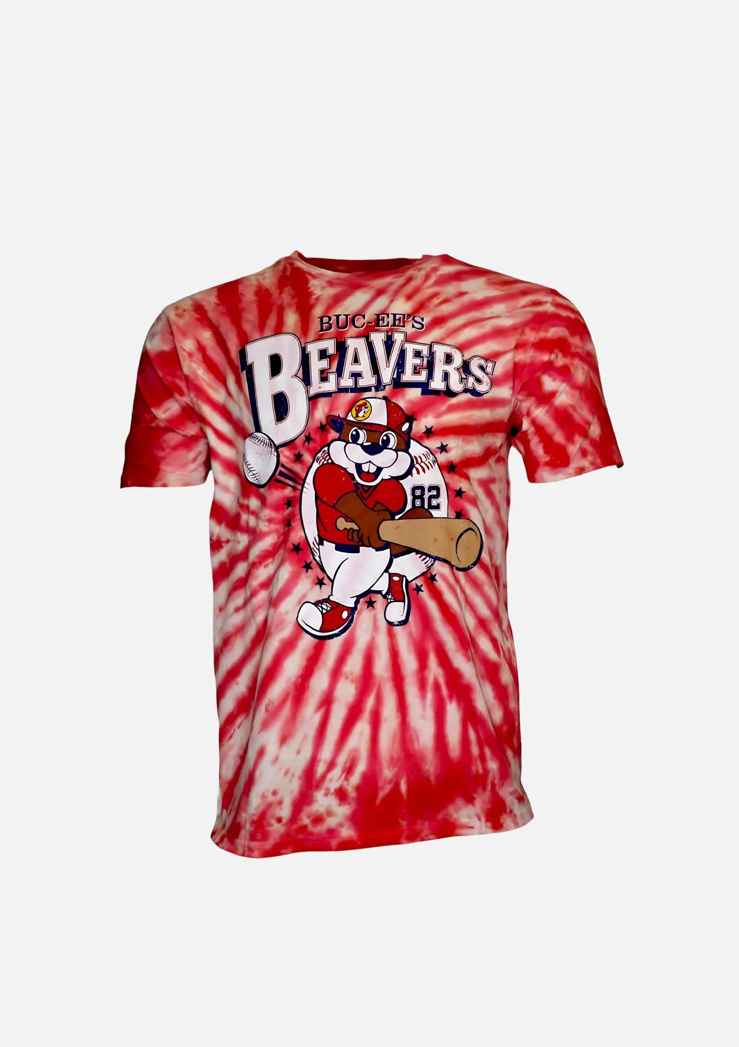 Buc-ee's Red Tie Dye Shirt with text "Buc-ee's Beavers" beaver playing baseball