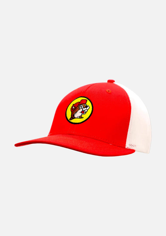 Buc-ee's Red and White Snapback Trucker Hat, beaver logo