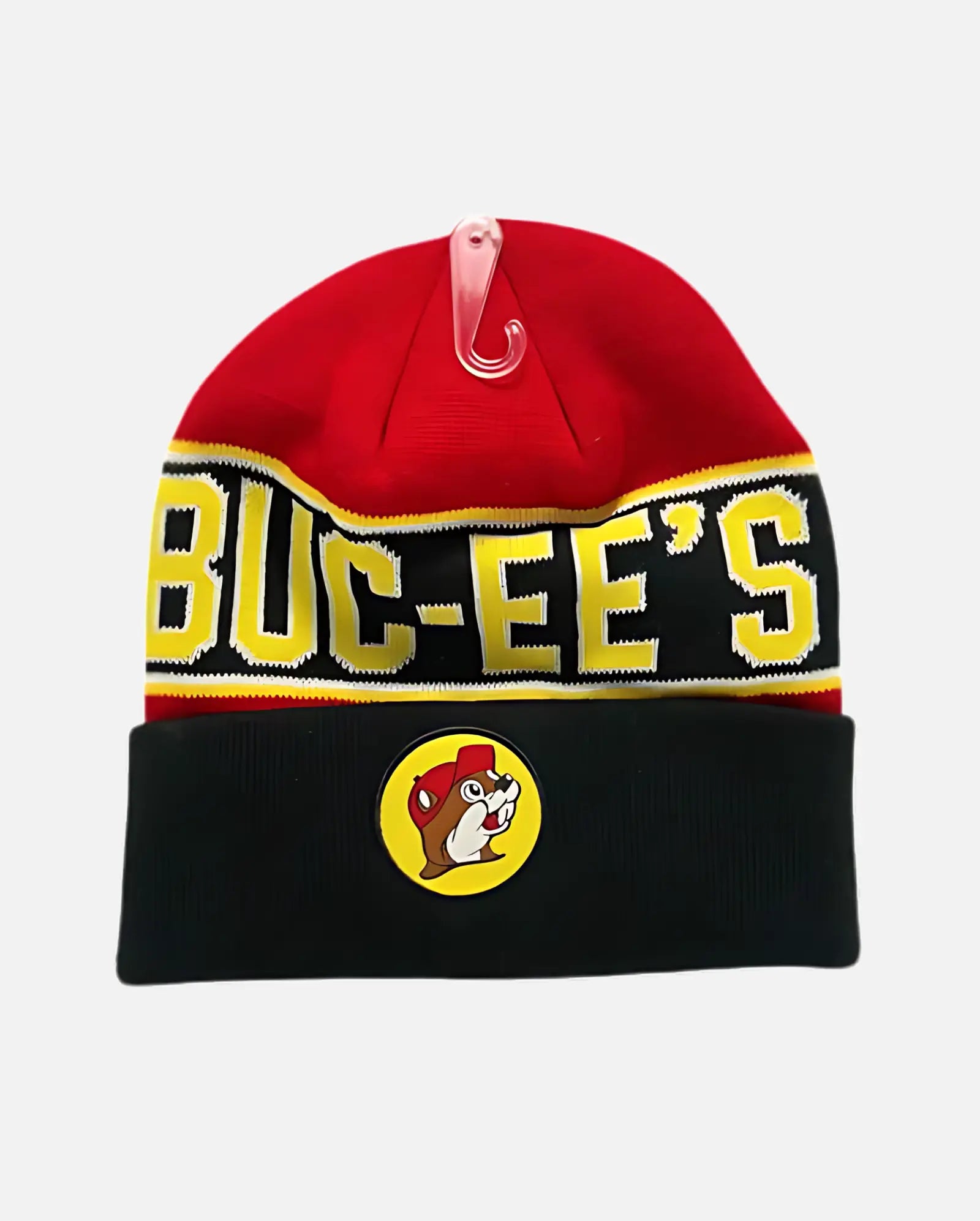 Buc-ee's Striped Beanie, Red, Yellow, Black colors with text "Buc-ee's" beaver logo