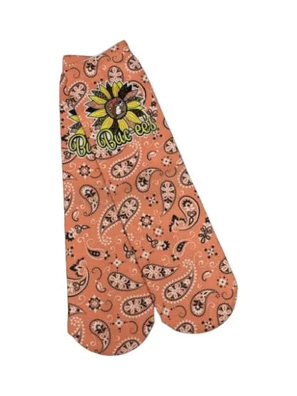 Buc-ee's Pair of Paisley Orange Crew Socks with beaver on sunflower logo