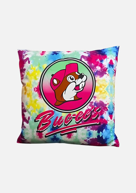 Buc-ee's Multicolored Tie-Dye Pillow 18" x 18" beaver logo with text "Buc-ee's"