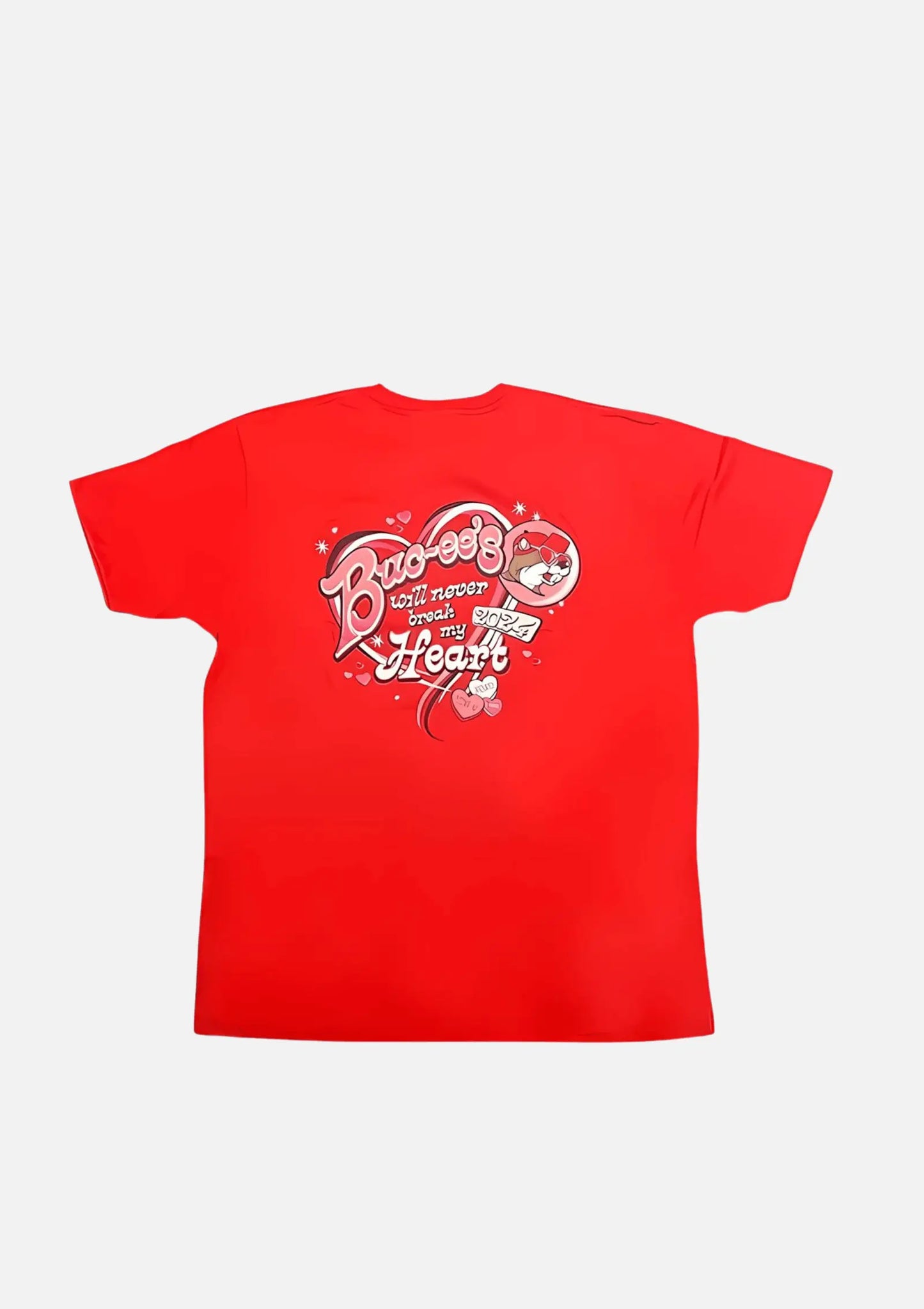 Red Buc-ee's Valentine's Day Shirt with text "Buc-ee's  will never break my Heart 2024", beaver icon and hearts design