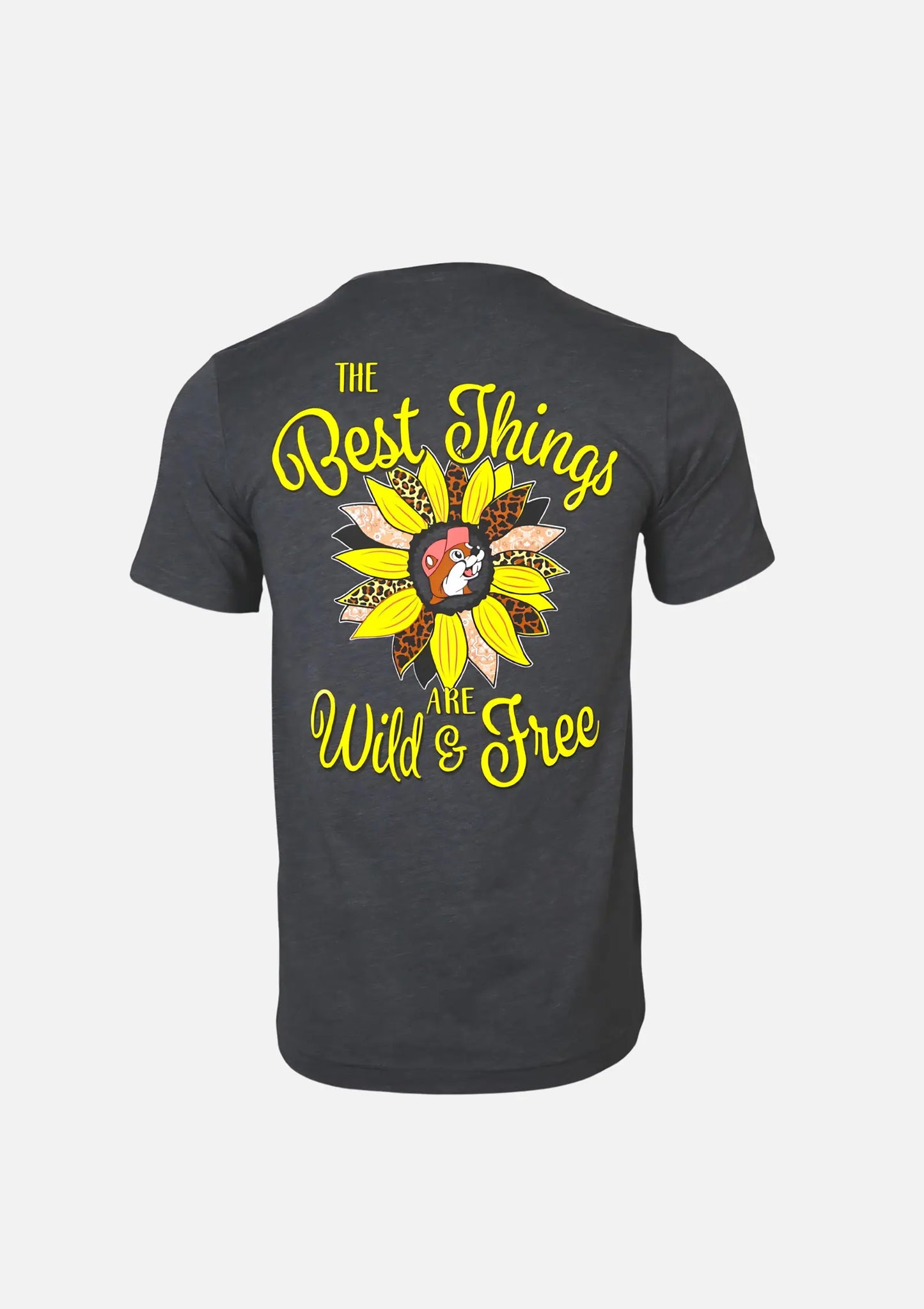 Back of Buc-ee's Black Shirt with yellow text "The Best Things are Wild & Free", beaver on sunflower design