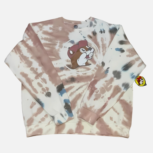 Buc-ee's Fleece Brown-Blue Tie Dye Sweater, beaver logo